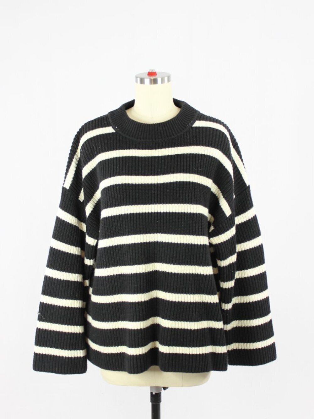 H&M Black Ivory Striped Cotton Chunky Rib Knit Crew Neck Loose Sweater, Size S - Picture 3 of 12